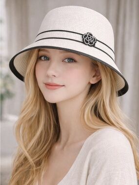 Elegant White & Black Trim Sun Hat 🤍🖤